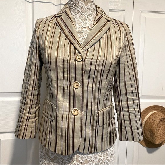 Lafayette 148 gold brown natural Blazer Linen Blend front buttons 3/4 sleeve 2 - Picture 1 of 14